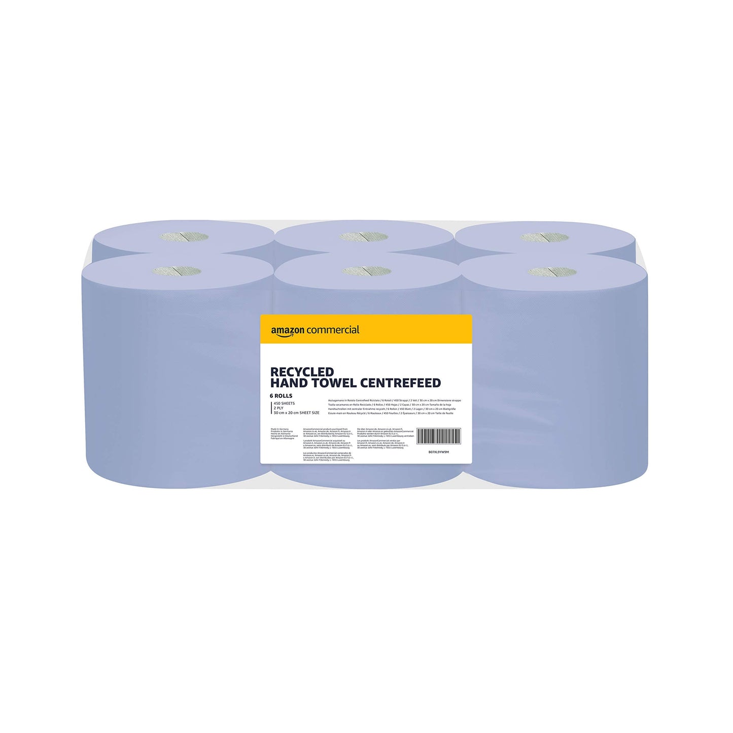 AmazonCommercial Multipurpose Wiping Paper, 2-ply Centrefeed, Blue Roll Recycled, 6 Rolls (1 pack), 450 Sheets per Roll, Sheet Size: 30 x 20 cm