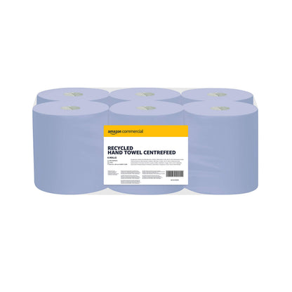 AmazonCommercial Multipurpose Wiping Paper, 2-ply Centrefeed, Blue Roll Recycled, 6 Rolls (1 pack), 450 Sheets per Roll, Sheet Size: 30 x 20 cm