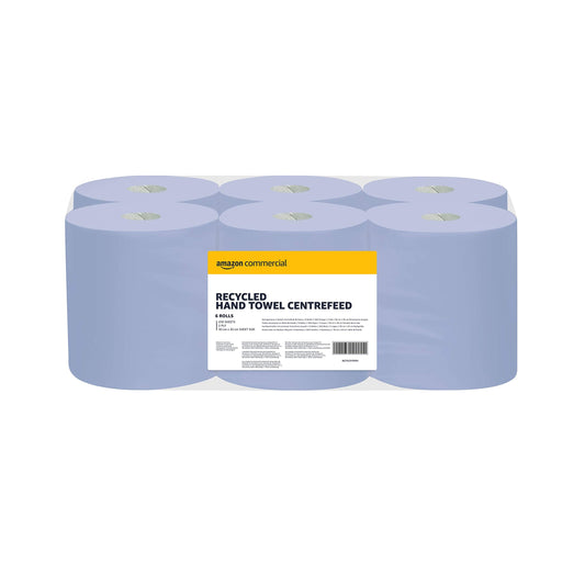AmazonCommercial Multipurpose Wiping Paper, 2-ply Centrefeed, Blue Roll Recycled, 6 Rolls (1 pack), 450 Sheets per Roll, Sheet Size: 30 x 20 cm