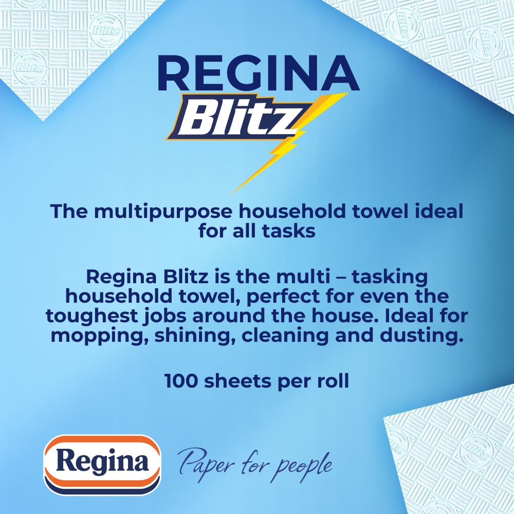 Regina Blitz Household Towels – 8 Triple Layered Rolls, 70 Sheets Per Roll, Paper Packaging, FSC Certified Paper, Recyclable Packaging, 60% Larger Than Standard Kitchen Roll Sheets