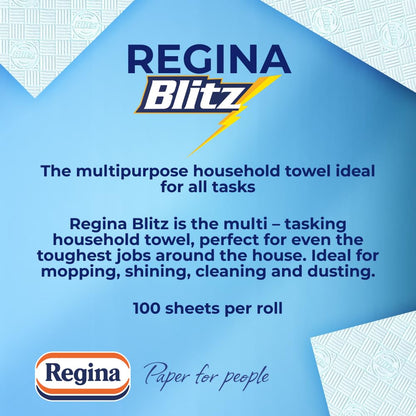 Regina Blitz Household Towels – 8 Triple Layered Rolls, 70 Sheets Per Roll, Paper Packaging, FSC Certified Paper, Recyclable Packaging, 60% Larger Than Standard Kitchen Roll Sheets