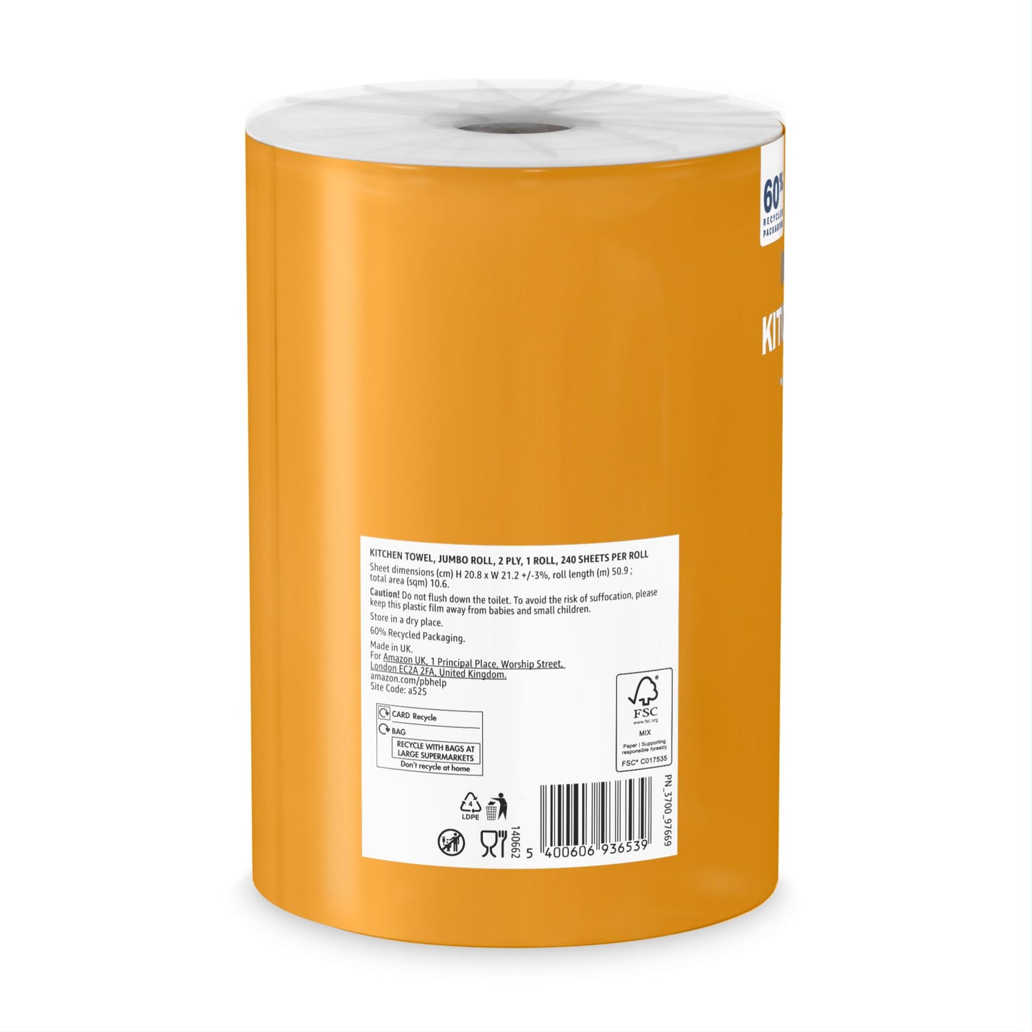 Our Essentials by Amazon Kitchen Towel Jumbo Roll 1 Pack, 2-Ply, 240 Sheets