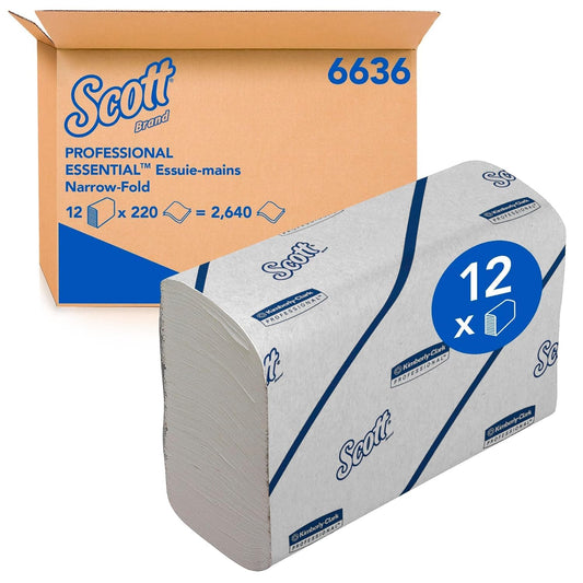 Scott Essential 6636 Paper Towels, Narrow Fold, 2 Ply, White, Soft and Absorbent, Made from Recycled Fibres, 12 Ties x 220 Sheets (2,640 Total)