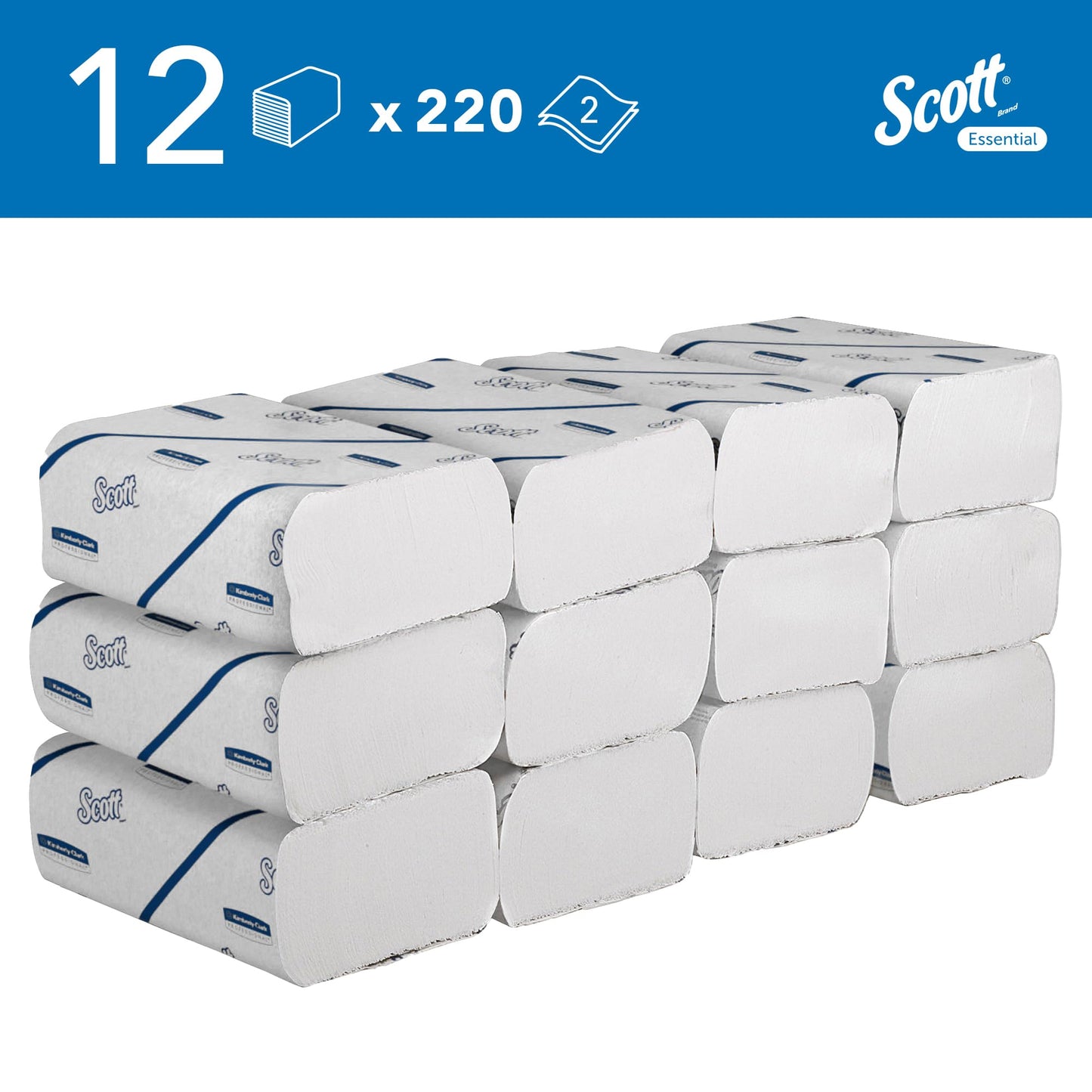 Scott Essential 6636 Paper Towels, Narrow Fold, 2 Ply, White, Soft and Absorbent, Made from Recycled Fibres, 12 Ties x 220 Sheets (2,640 Total)