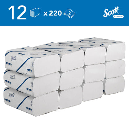 Scott Essential 6636 Paper Towels, Narrow Fold, 2 Ply, White, Soft and Absorbent, Made from Recycled Fibres, 12 Ties x 220 Sheets (2,640 Total)