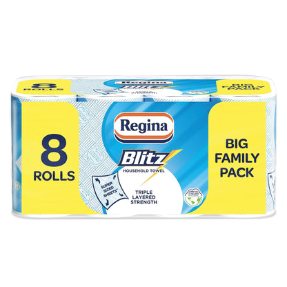 Regina Blitz Household Towels – 8 Triple Layered Rolls, 70 Sheets Per Roll, Paper Packaging, FSC Certified Paper, Recyclable Packaging, 60% Larger Than Standard Kitchen Roll Sheets