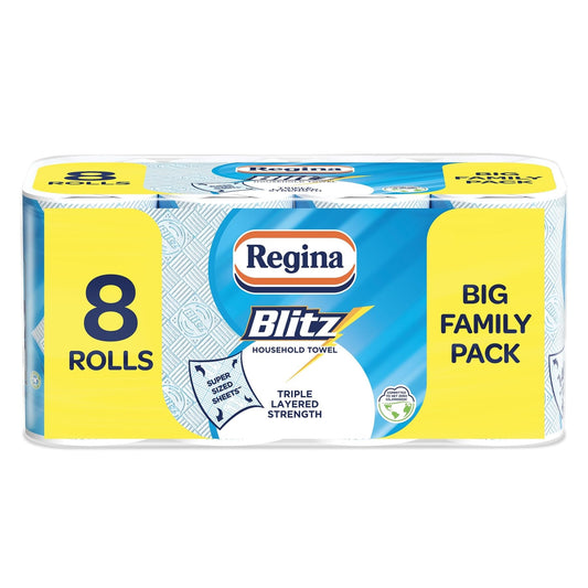 Regina Blitz Household Towels – 8 Triple Layered Rolls, 70 Sheets Per Roll, Paper Packaging, FSC Certified Paper, Recyclable Packaging, 60% Larger Than Standard Kitchen Roll Sheets