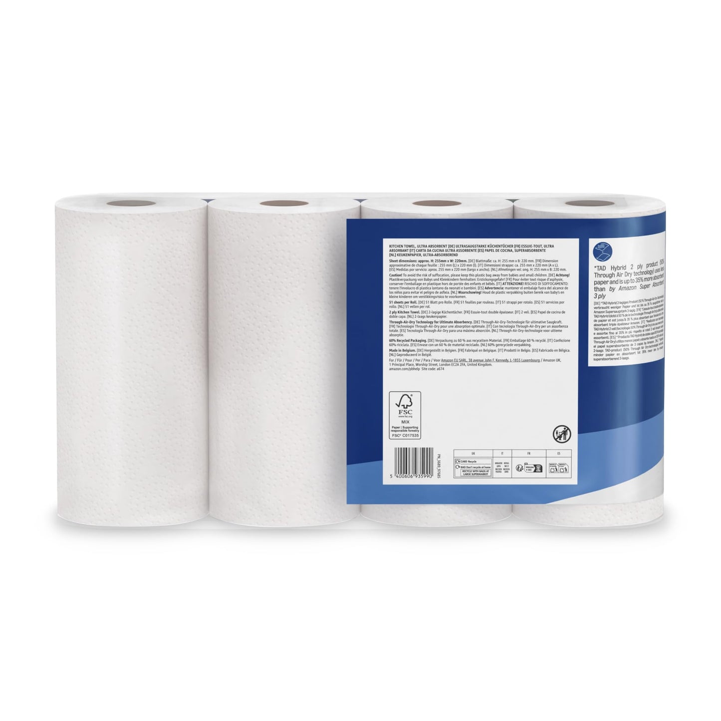 by Amazon Ultra Absorbent TAD Kitchen Roll, 4 Rolls (Pack of 1), 51 Sheets per Roll, FSC Certified