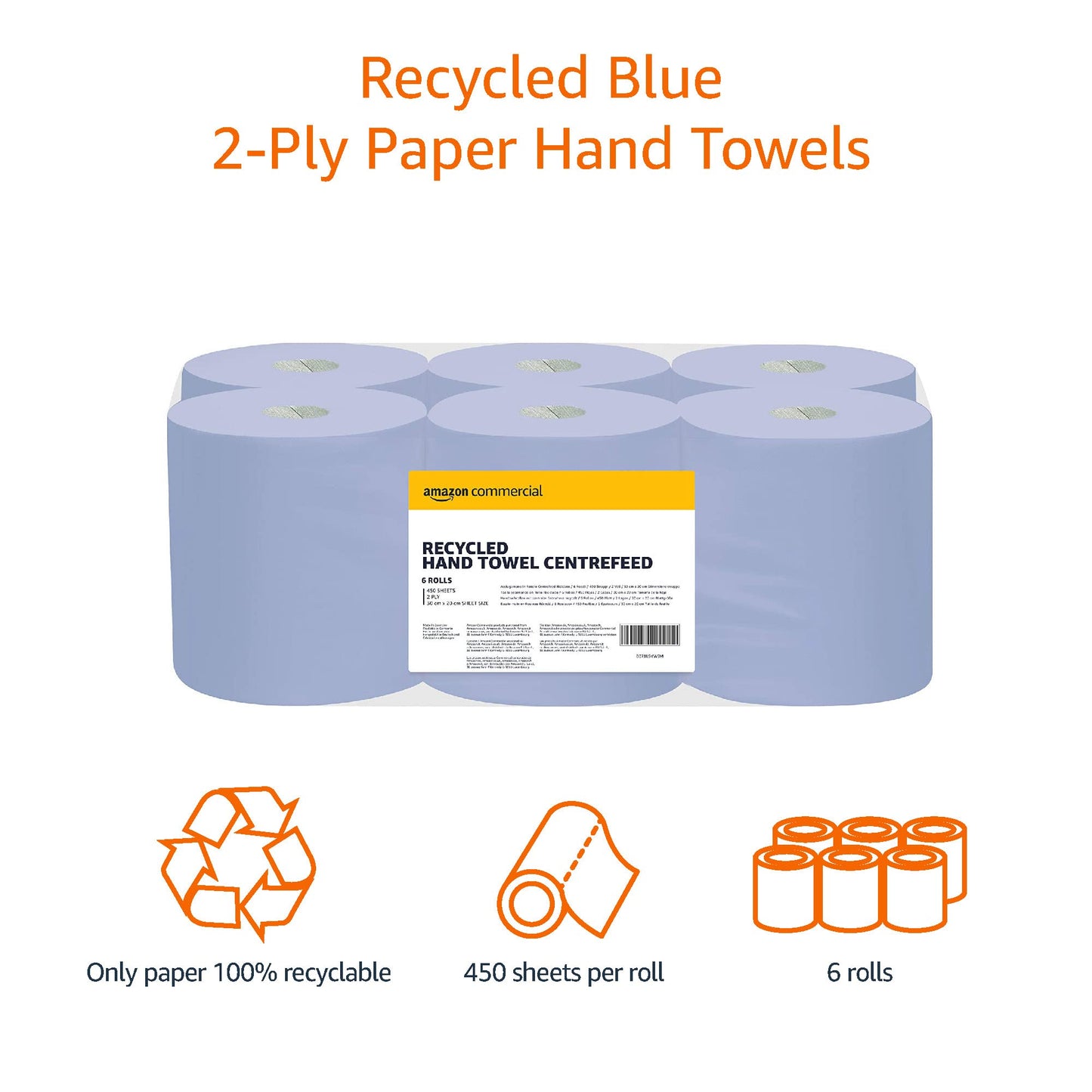 AmazonCommercial Multipurpose Wiping Paper, 2-ply Centrefeed, Blue Roll Recycled, 6 Rolls (1 pack), 450 Sheets per Roll, Sheet Size: 30 x 20 cm