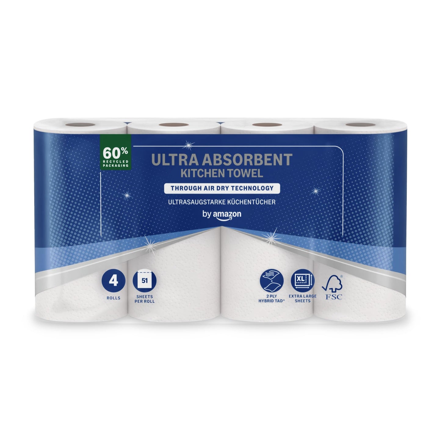 by Amazon Ultra Absorbent TAD Kitchen Roll, 4 Rolls (Pack of 1), 51 Sheets per Roll, FSC Certified